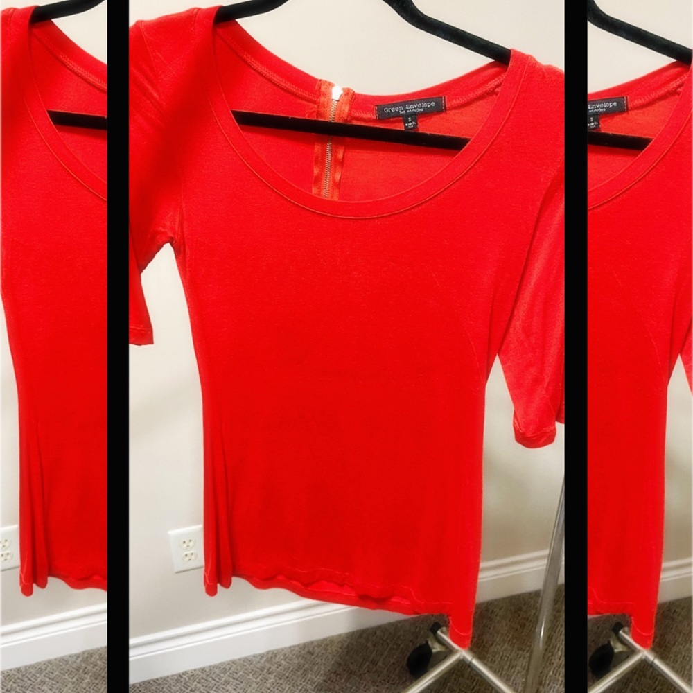 Green Envelope Bright Red Short Sleeve Top